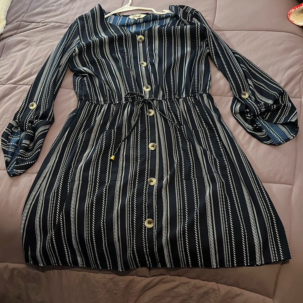 Patterned long sleeve dress navy blue